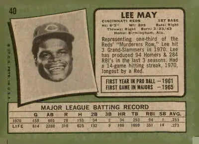 Vintage Lee May baseball card from 1971 Topps #40 Cincinnati Reds collectible