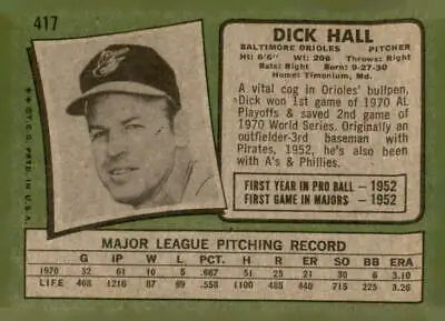 Vintage baseball card 1971 Topps Dick Hall EX sports trading card collectible