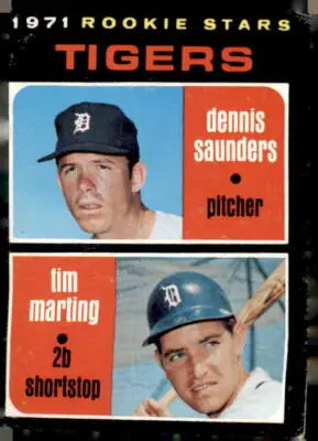 1971 Rookie Stars baseball trading card featuring Dennis Saunders and Tim Marting