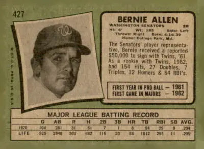 Vintage 1971 Topps Bernie Allen baseball card featuring Bernie Allen baseball memorabilia
