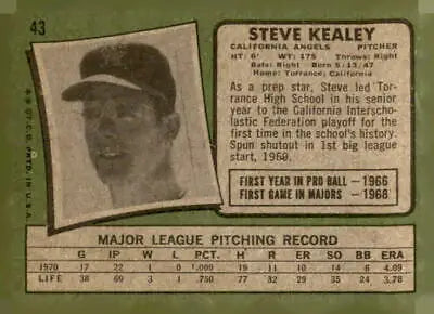 Vintage Steve Kealey baseball card from 1971 Topps #43 featuring Kealey baseball memorabilia