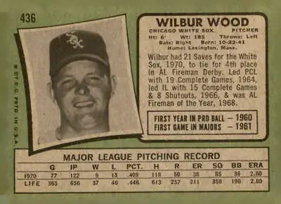 Wilbur Wood Chicago White Sox baseball card from 1971 Topps #436
