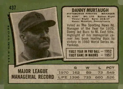 Vintage 1971 Topps Danny Murtaugh trading card featuring Pittsburgh Pirates player