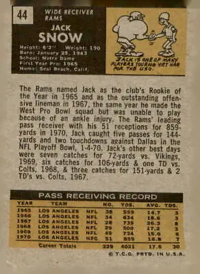 Vintage football card featuring Jack Snow of the Los Angeles Rams from 1971 Topps