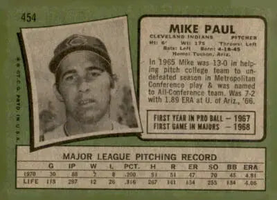 Vintage trading card featuring Mike Paul from the 1971 Topps #454 baseball set