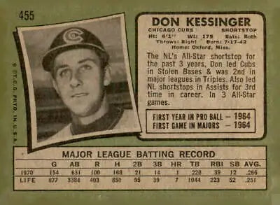 Vintage Don Kessinger baseball card from 1971 Topps #455 featuring Don Kessinger
