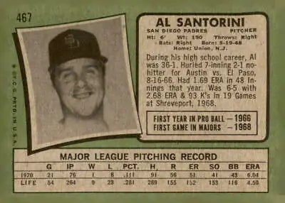 Vintage baseball card of Al Santorini from 1971 Topps #467 San Diego Padres memorabilia