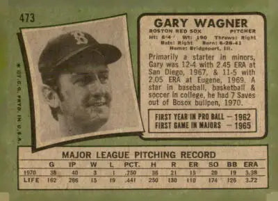Vintage Gary Wagner baseball card from 1971 Topps #473 featuring Gary Wagner of the Boston Red Sox