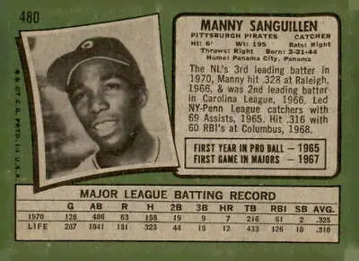 Vintage baseball card of Manny Sanguillen from 1971 Topps #480 for Sanguillen Sports Trading