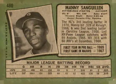 Vintage Manny Sanguillen baseball card from 1971 Topps #480 featuring Pittsburgh Pirates player