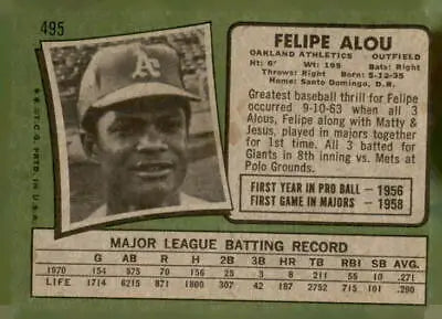 1971 Topps Felipe Alou trading card featuring sports trading card collectible
