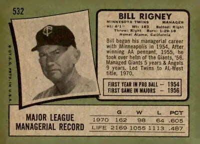 Vintage 1971 Topps Baseball Card of Bill Rigney, Classic Sports Trading Card