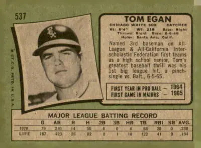 Vintage 1971 Topps trading card of Tom Egan from sports trading card collection