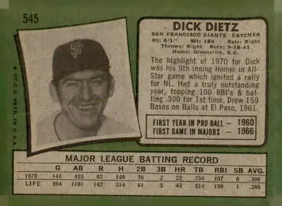 1971 Topps Dick Dietz baseball card for sports trading and collection fans