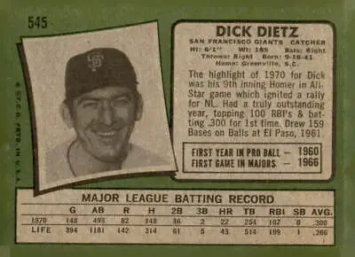 Vintage baseball card of Dick Dietz from the 1971 Topps #545 San Francisco Giants sports trading collection