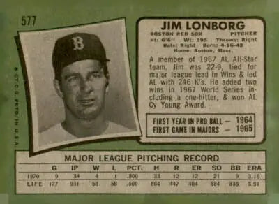 Vintage 1971 Topps Jim Lonborg Boston Red Sox baseball card featuring Boston Red