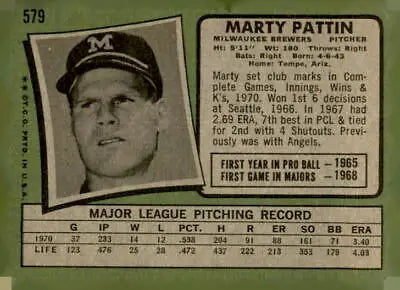 Vintage baseball card of Marty Pattin Milwaukee Brewers player 1971 Topps #579