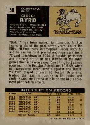 Vintage football card featuring George Byrd of the Buffalo Bills from 1971 Topps series