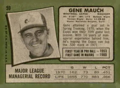 Vintage Gene Mauch baseball card from 1971 Topps #59 featuring Gene Mauch
