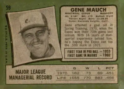 Vintage 1971 Topps Gene Mauch baseball card featuring Gene Mauch in collectible condition