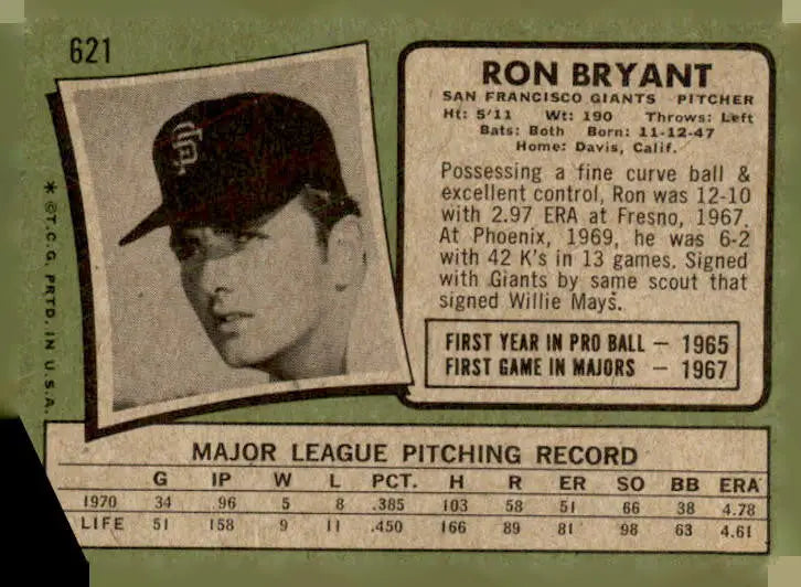 Vintage Ron Bryant baseball card from 1971 Topps #621 featuring San Francisco Giants