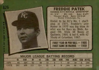 Freddie Patek baseball card from 1971 Topps #626 featuring Kansas City Royals player