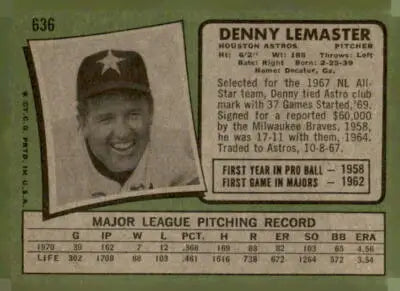 1971 Topps Denny Lemaster baseball card featuring Denny Lemaster in a collectible LeMaster baseball card