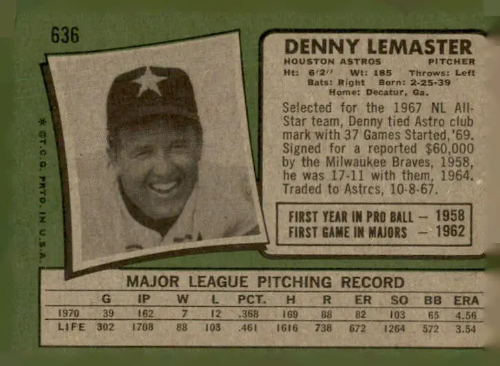 Denny Lemaster baseball card from 1971 Topps with Lever Baseball Card collectible