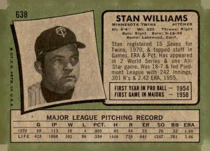 Vintage Stan Williams baseball card from 1971 Topps #638, collectible Stan Williams baseball card