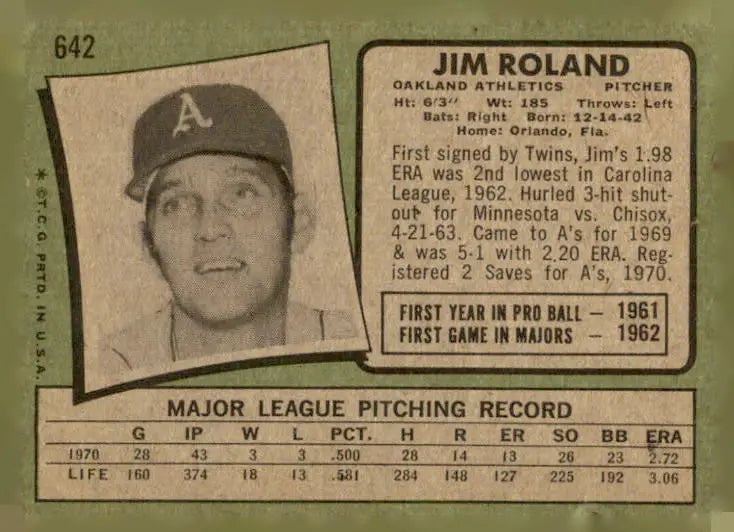 Vintage Jim Roland baseball card from 1971 Topps #642 showcasing Jim Roland baseball memorabilia