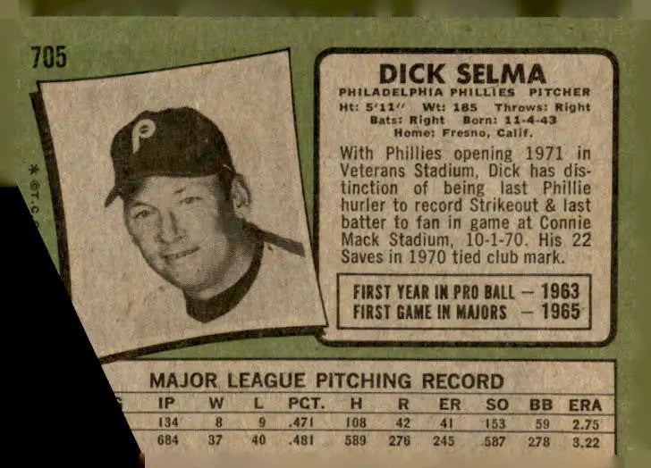 Vintage Dick Selma baseball card from 1971 Topps #705 featuring Dick Selma baseball player