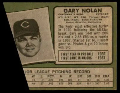 1971 Topps Gary Nolan baseball card featuring Cincinnati Reds trading card collectible