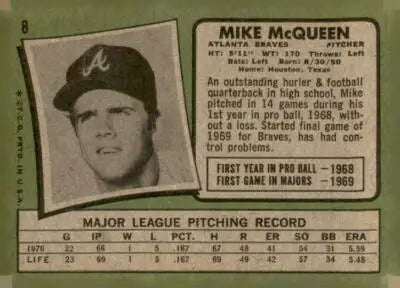 Vintage baseball card of Mike McQueen from the Atlanta Braves 1971 Topps #8