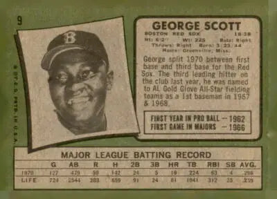 Vintage baseball card of George Scott from the Boston Red Sox 1971 Topps #9