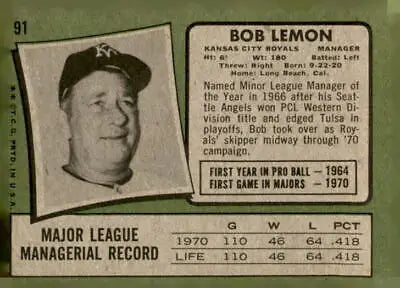 Vintage Bob Lemon baseball card 1971 Topps #91 featuring Kansas City Royals bob lemon baseball