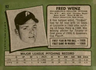 Vintage 1971 Topps Fred Wenz baseball card featuring Fred Wenz and Wenz baseball card collectibles