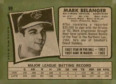 Vintage 1971 Topps Mark Belanger sports trading card in excellent EX-NM condition