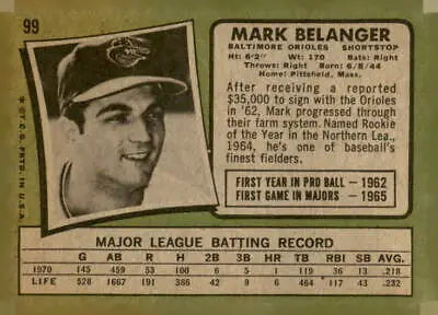 Vintage 1971 Topps Mark Belanger baseball card featuring legendary shortstop