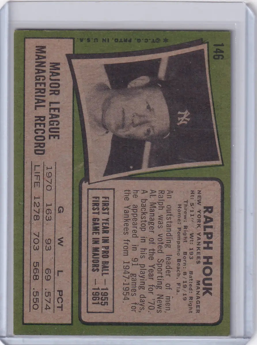 Vintage 1971 Topps Baseball card of Ralph Houk from the New York Yankees with stats