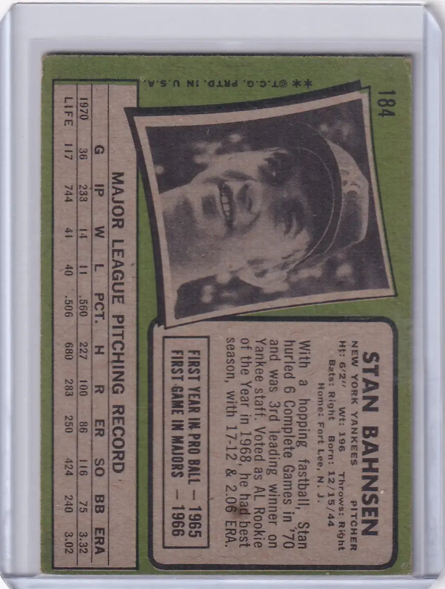 Vintage 1971 Topps Baseball card of Stan Bahnsen, New York Yankees in protective sleeve