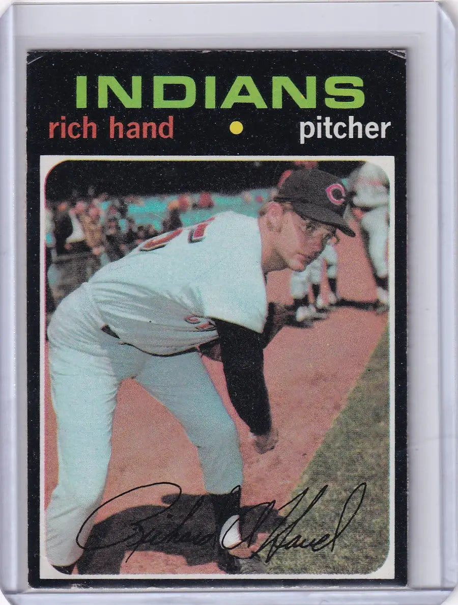 1971 Topps Baseball card of Rich Hand, Cleveland Indians pitcher in mid-throw