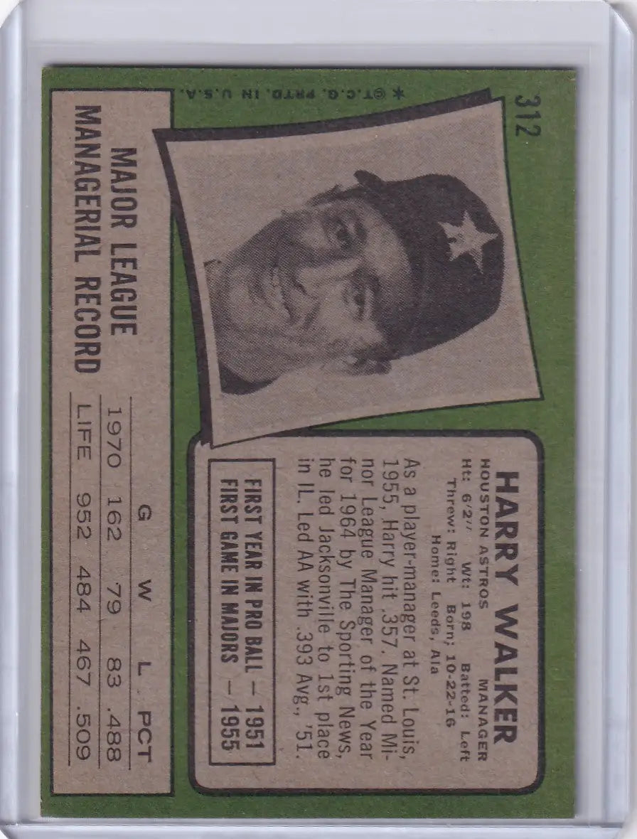 Black and white baseball card of Harry Walker from 1971 Topps Baseball - Houston Astros