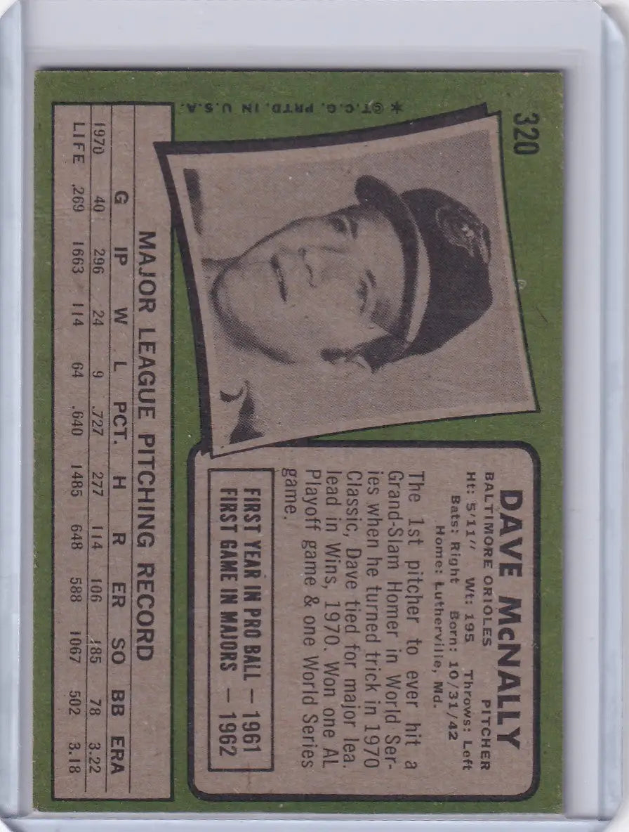Vintage Topps Baseball card featuring Dave McNally of the Baltimore Orioles