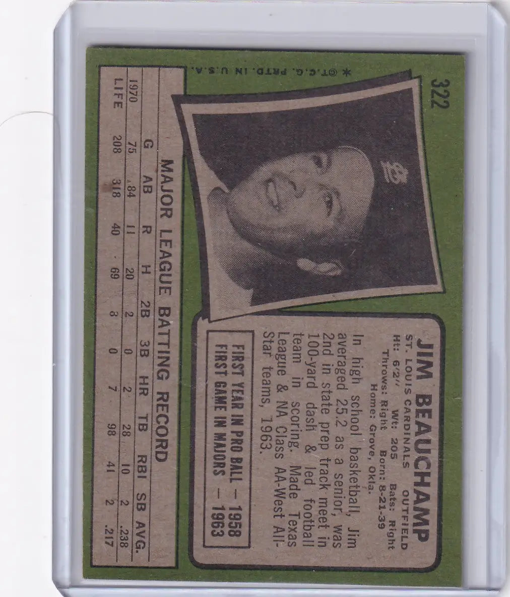 1971 Topps Baseball card of Jim Beauchamp with St. Louis Cardinals portrait and stats