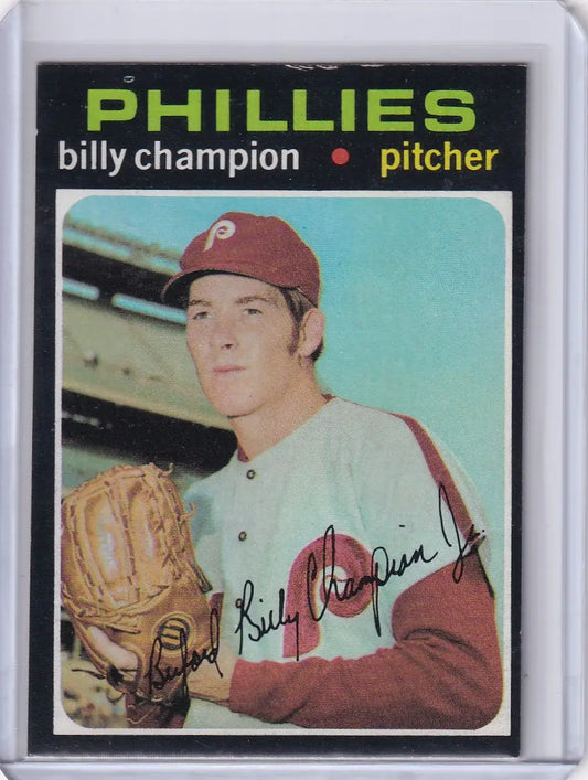 1971 Topps Baseball #323 Billy Champion card, Philadelphia Phillies pitcher in white uniform