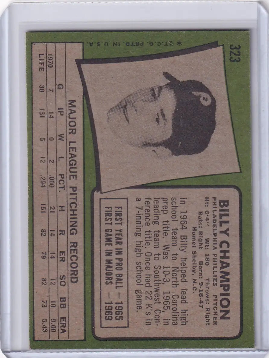 Baseball card of Billy Champion, 1971 Topps Baseball, Philadelphia Phillies with green border