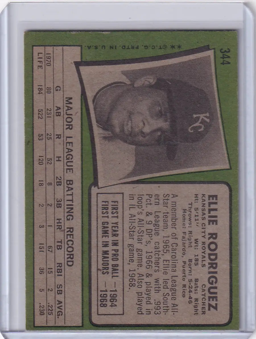 Vintage 1971 Topps Baseball card of Ellie Rodriguez, Kansas City Royals player