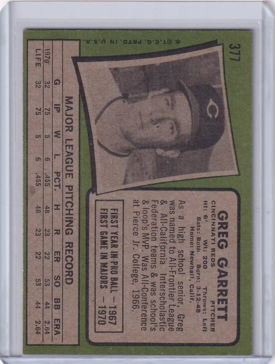 Vintage Topps Baseball card of Greg Garrett from Cincinnati Reds 1971 Topps #377