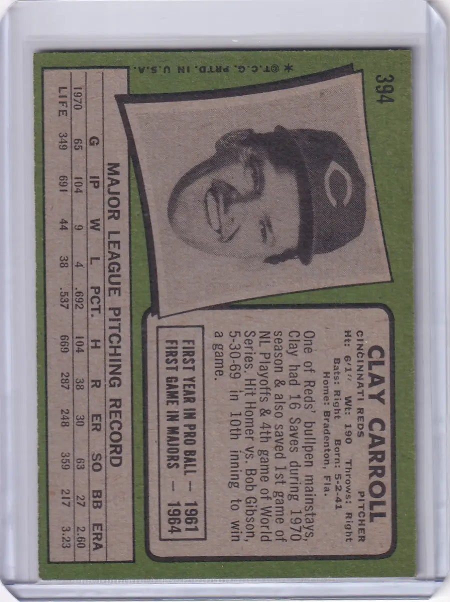 Vintage Topps Baseball card of Clay Carroll on a green background for Cincinnati Reds