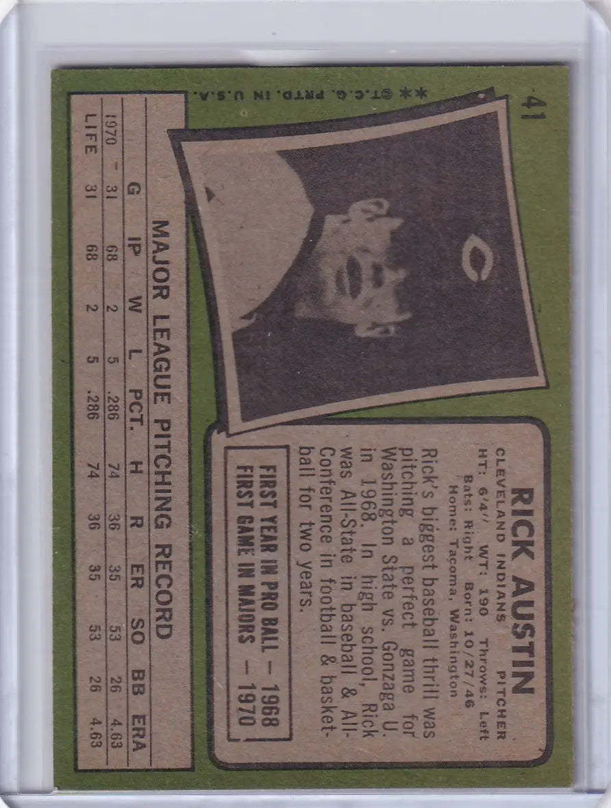 Vintage Topps Baseball card of Rick Austin, Cleveland Indians with player stats